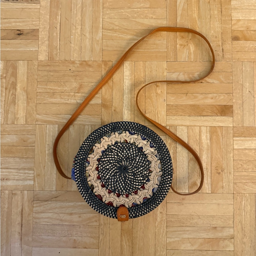 Handcrafted Woven Round Bag with Tan Strap